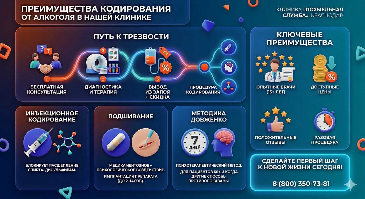 Инфографика о методах кодирования от алкоголя в Истре: инъекции, подшивание, метод Довженко. Преимущества клиники и этапы лечения.